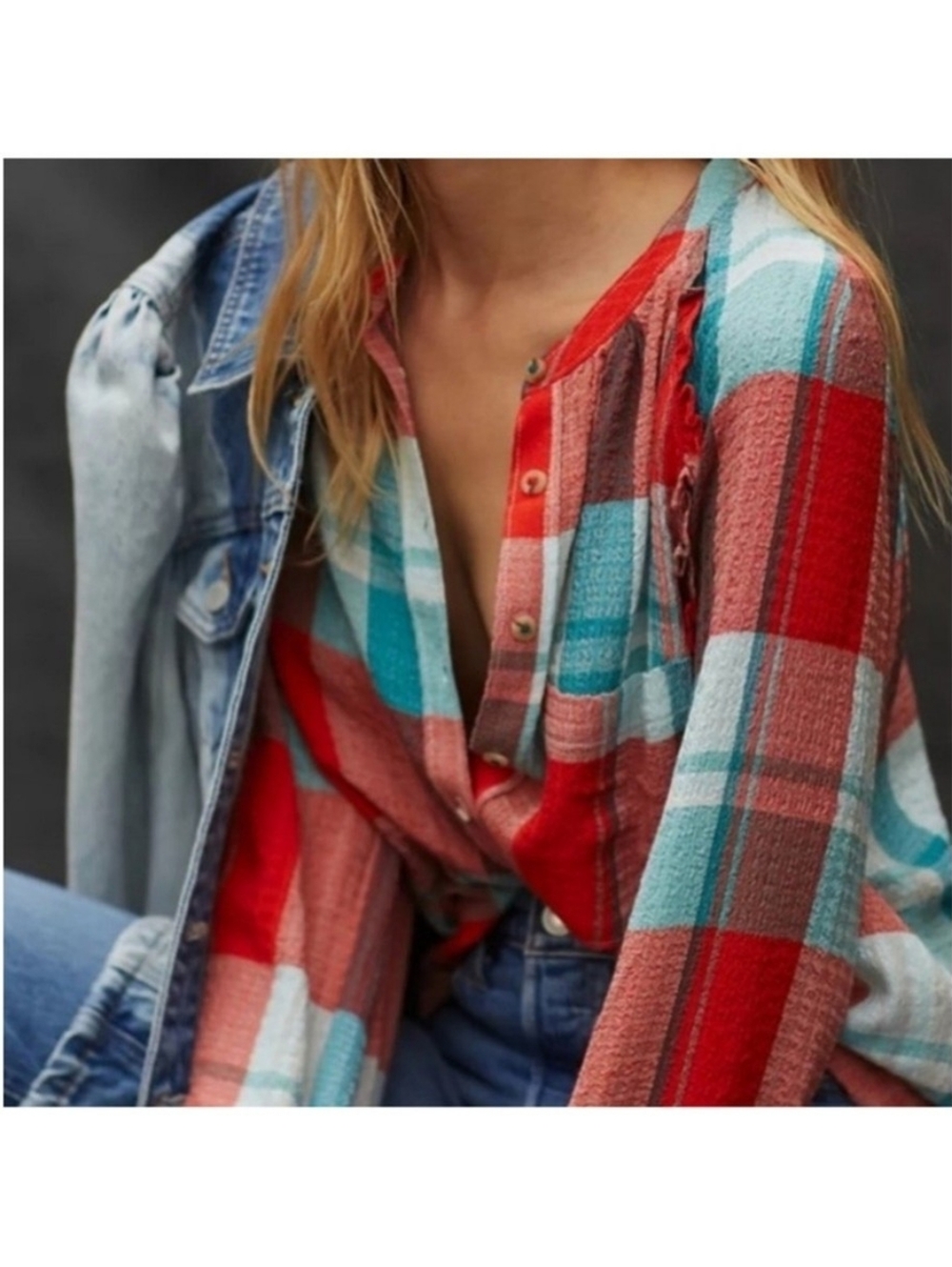 Pilcro Anthropologie Breezy Teal Blue And Red Buffalo Plaid Button Down Shirt S - Picture 2 of 8